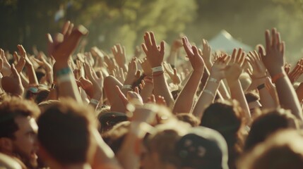 A crowd of people are at a concert, with their hands raised in the air