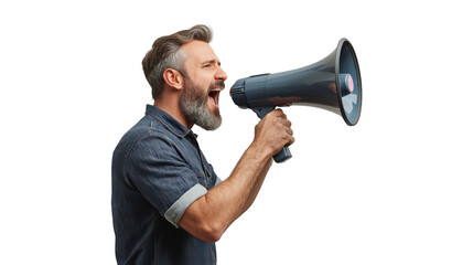 Middle-aged Caucasian man, 45, casual attire, beard - Using the megaphone energetically