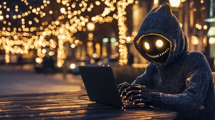 A mysterious figure with a glowing face works on a laptop amidst festive lights, embodying the blend of technology and the unknown.