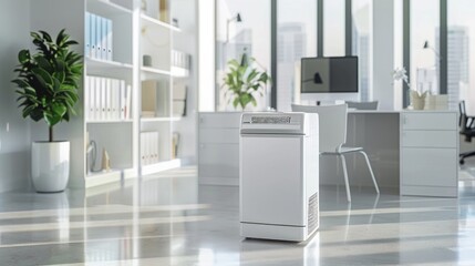 Office interior with shredder. Professional office work equipment background.