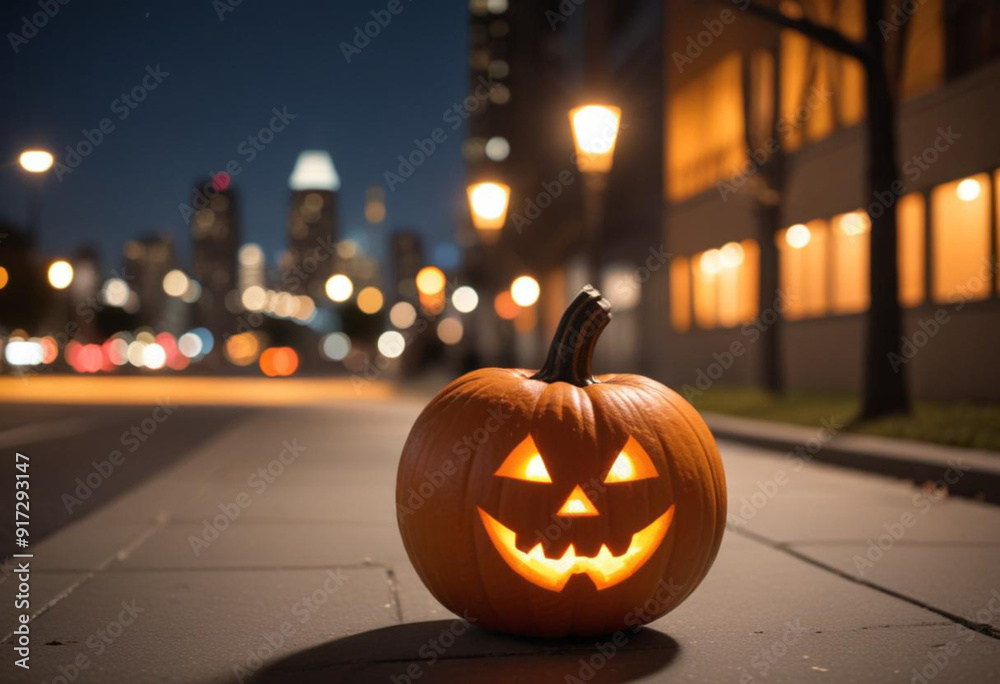 Wall mural pumpkin jack lantern on middle street night, blurred city lights background, halloween