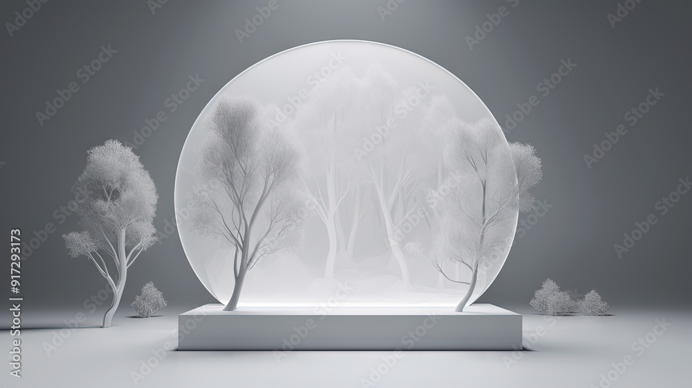 Poster Interior with circular architecture form in 3D style. Abstract room with arc element and trees.