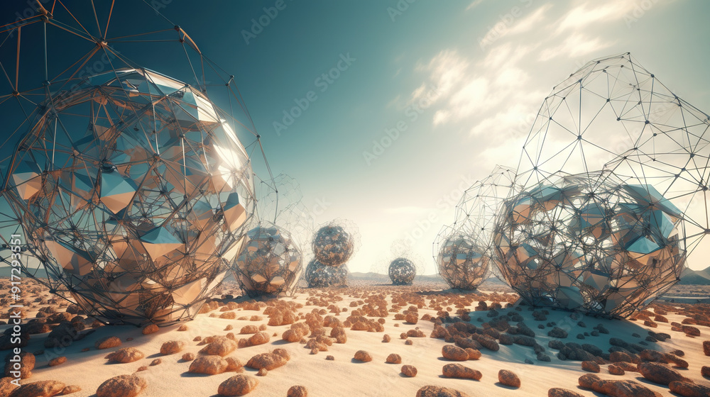 Poster Abstract scfi-fi landscape with connected 3D balls and molecular grid structure. Futuristic surreal abstraction.