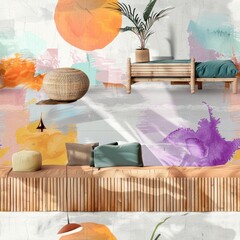 Bohemian Interior Design with Wooden Bench and Abstract Wall Art.