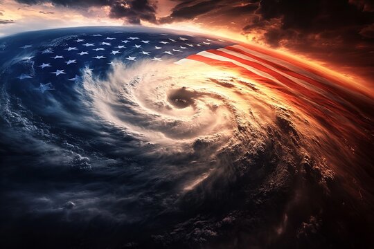 Super typhoon in colors of American flag - concept of extreme weather events
