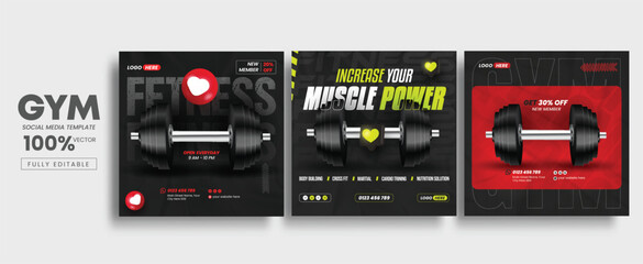 Gym and fitness social media post banner template with gym equipment and modern art paint, fitness subjects, gym vector illustration template.