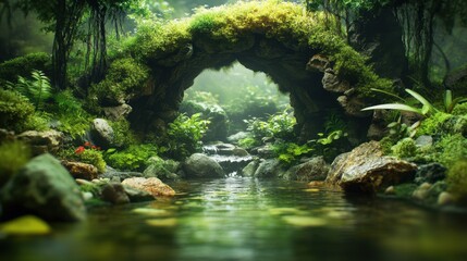 Fototapeta premium A serene waterfall cascades through a lush green forest, with a tranquil stream flowing over rocks, surrounded by trees and nature
