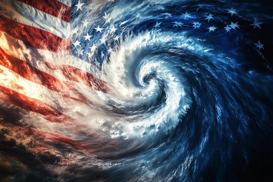 Super typhoon in colors of American flag - abstract illustration of Atlantic Hurricane Season