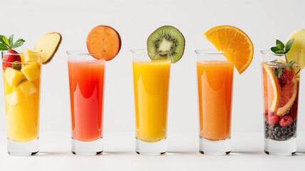 Fototapeta premium Five glasses filled with refreshing tropical fruit juices, each garnished with matching fruits,