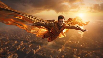 Superhero flying in the sky with costume and cape. Action movie blockbuster shot.