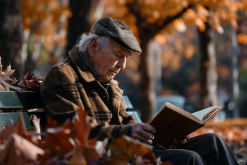 an elderly man in a plaid coat and flat cap sitting on a park bench surrounded by autumn leaves, engrossed in reading a book, evoking a peaceful and contemplative mood