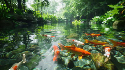 A koi pond with clear water, koi fish swimming gracefully, sunlight creating patterns on the water, lush greenery around the pond
