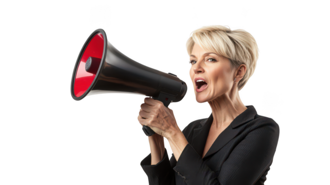 Middle-aged Caucasian woman, 45, business casual, short blonde hair - Using the megaphone passionately