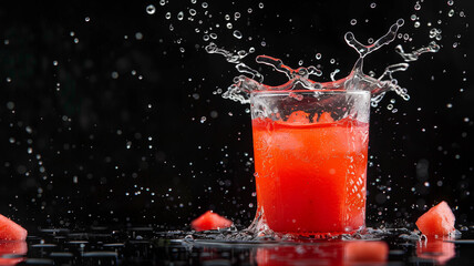 A vibrant splash of watermelon juice frozen in motion against a sleek black backdrop