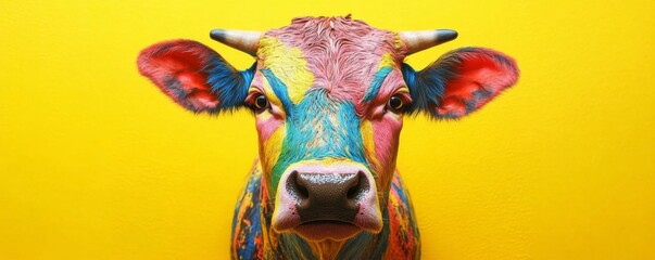 Colorful cow portrait on yellow background, modern