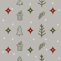 Christmas pattern, Seamless vector pattern with cute Christmas gift box, stars, with pine trees. Perfect for textile, wallpaper, or print design. isolated on a white, horizontal image. Exclude people.