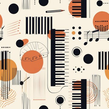 Abstract pattern with piano keys, music notes and geometric shapes.