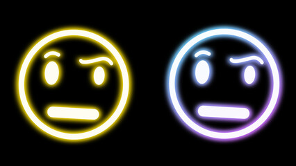 bright emoji of watching carefully and changing eye brows position in bright neon light.