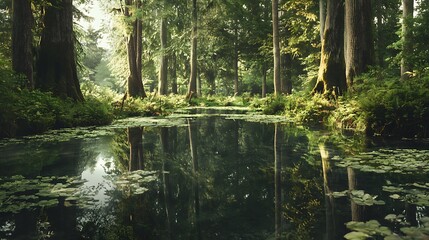 Obraz premium Sunlit Forest Pond with Reflections of Trees and Lily Pads