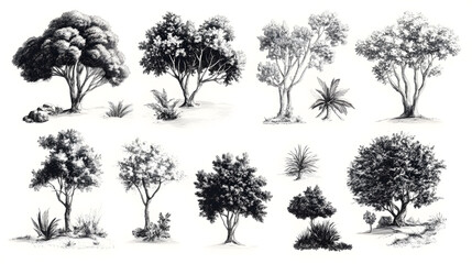 Obraz premium Hand drawn collection of different trees and bushes isolated on white background