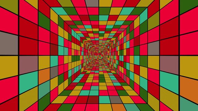 abstract tunnel animation with many squares changing color. Retro christmas wall background