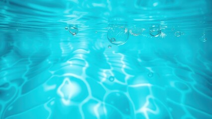 An underwater abstract scene, bubbles floating in a swirling vortex of rippling water, shimmering particles suspended in a deep teal blue pool, liquid motion and energy, dreamy aquatic textures