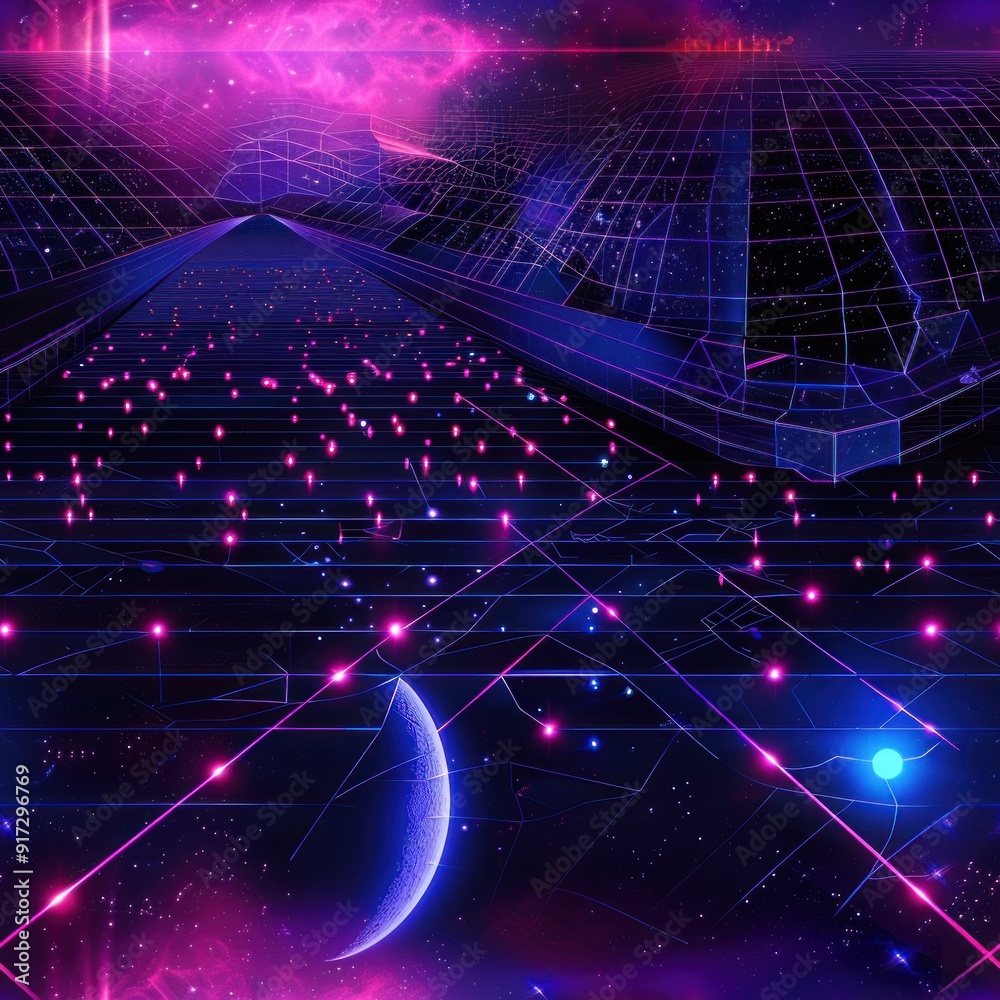 Poster neon grid abstract space.