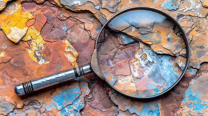 Minerals and ore slices with magnifying glass. Deposits exploration, ore evaluation and resources assessment concepts