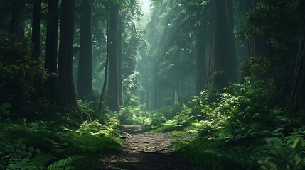 Obraz premium Sunbeams Through a Misty Forest Path