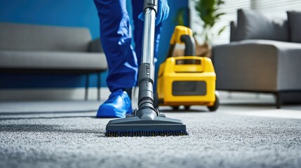 A person vacuuming a carpet with a yellow vacuum cleaner in a living room.
