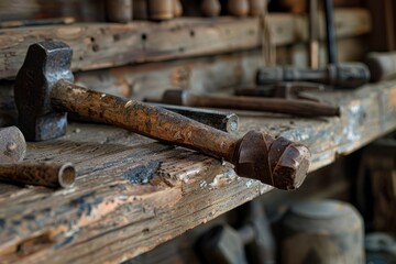 Vintage Hammer with Leather Wrapped Handle on Wooden Shelf Among Antique Tools for Rustic Decor