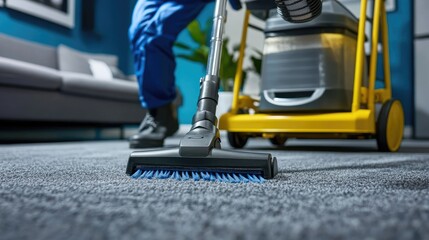 Fototapeta premium A person vacuuming a carpet with a cleaning cart nearby.