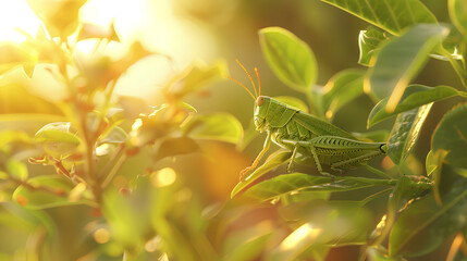 green grasshopper on the tree with morning atmosphere