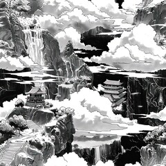 Black and White Illustration of a Mountainous Landscape.