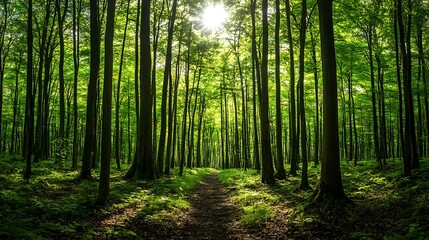 Sunlit Path Through a Dense Green Forest