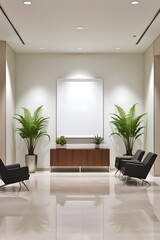 Interior of modern hotel lobby with white frame mockup
