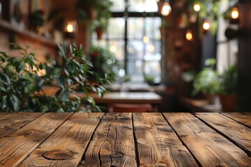 "Empty Wooden Table with a Blurred Restaurant Background, Ideal for Product Placement."