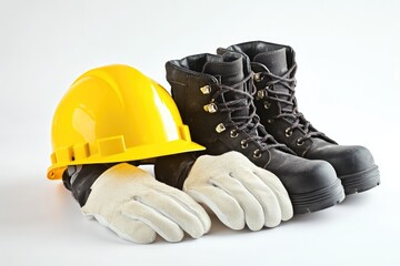 Safety gear including a hard hat, work boots, and gloves for protection.