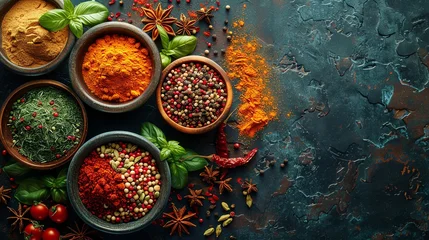 Tableau sur plexiglas Cuisine Aromatic spices spread artfully, dark rustic background, topdown shot  © Creative_Bringer