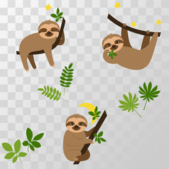 Seamless pattern with cute sloths and green leaves on an isolated background. Design for bed linen, wallpaper, packaging. Vector