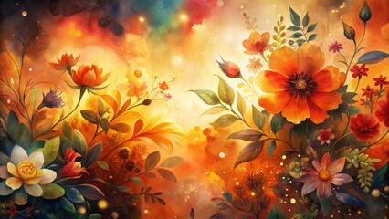 Vibrant Floral Explosion with Warm Tones and Dynamic Blossoms in an Artistic Garden Scene