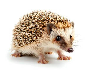 Obraz premium A hedgehog stands on a white surface, showcasing its distinct spines and curious expression