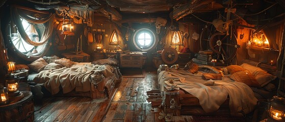 Naklejka premium Dimly lit, cluttered pirate ship cabin with warm lantern light