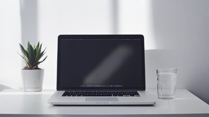 Fototapeta premium A minimalistic workspace featuring a laptop, a plant, and a glass of water.