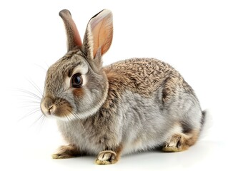 Obraz premium A cute gray rabbit sitting on a white surface, showcasing its soft fur and perky ears