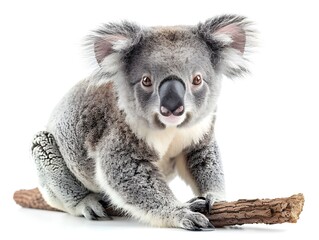 Koala seated on a branch in a natural pose, showcasing its soft fur and expressive features
