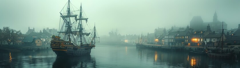 Naklejka premium Pirate ship docked in a foggy, old town harbor, with towering buildings and misty atmosphere