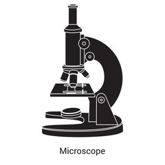 Microscope vector,  silhouette , icon, . Microscope  scientific  icon, and laboratory instrument. Vector illustration. Medical Microscope outline pictogram. Microscope isolated on white background.