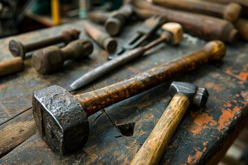 Close-Up of Vintage Hammer with Textured Metal Head and Polished Wooden Handle on Antique Workbench