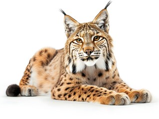 Obraz premium Lynx resting on a white background showcasing its distinctive fur patterns and alert expression